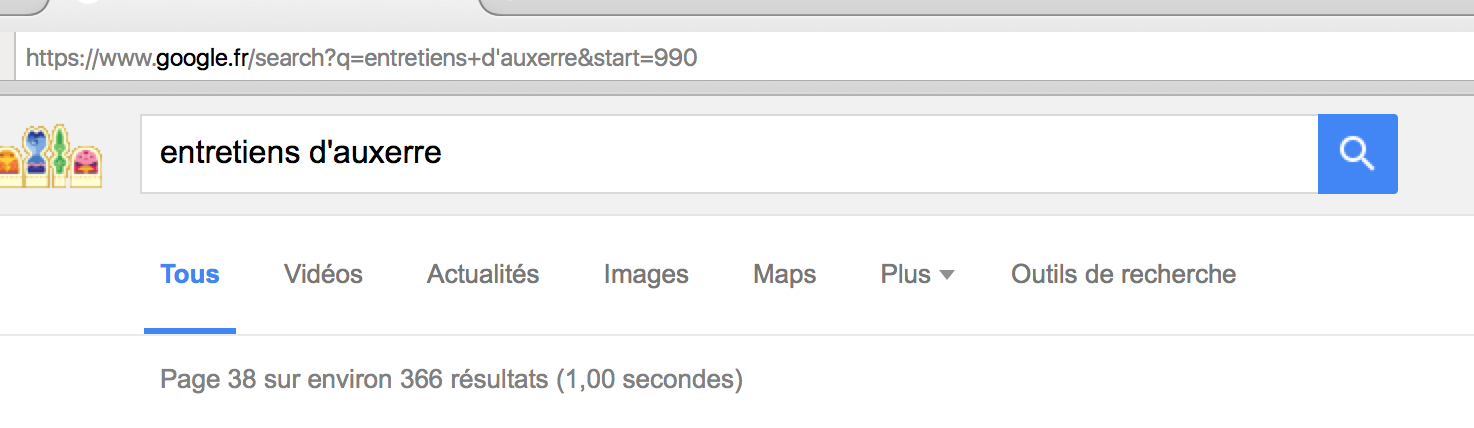 En demandant les rponses de rang suprieur  990, nous dcouvrons que Google n'en propose que 366. C'est bien moins que les 542000 promises. Cet exemple est aisment reproductible avec tout autre requte (entretien d'embauche, etc.).